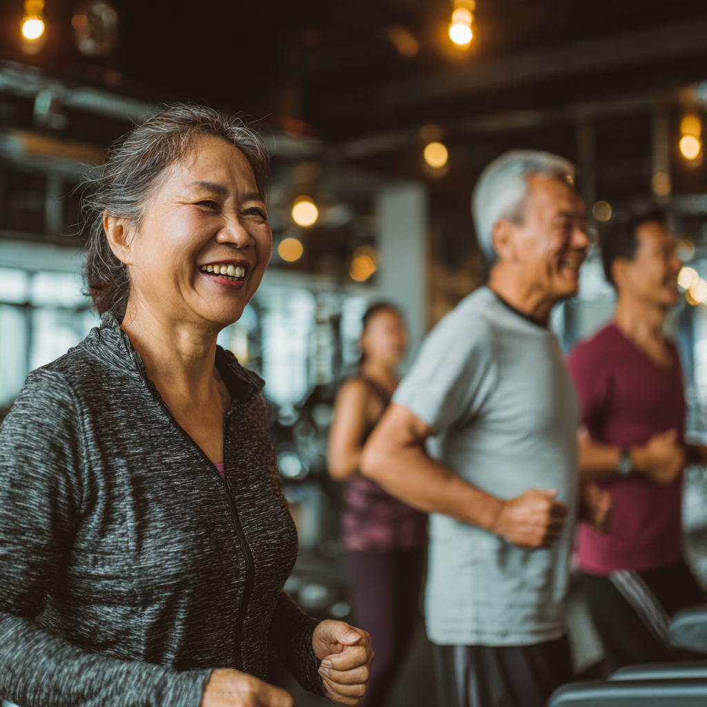 Smiling Kazakh adults of various ages engaged in fitness activities in a modern gym setting