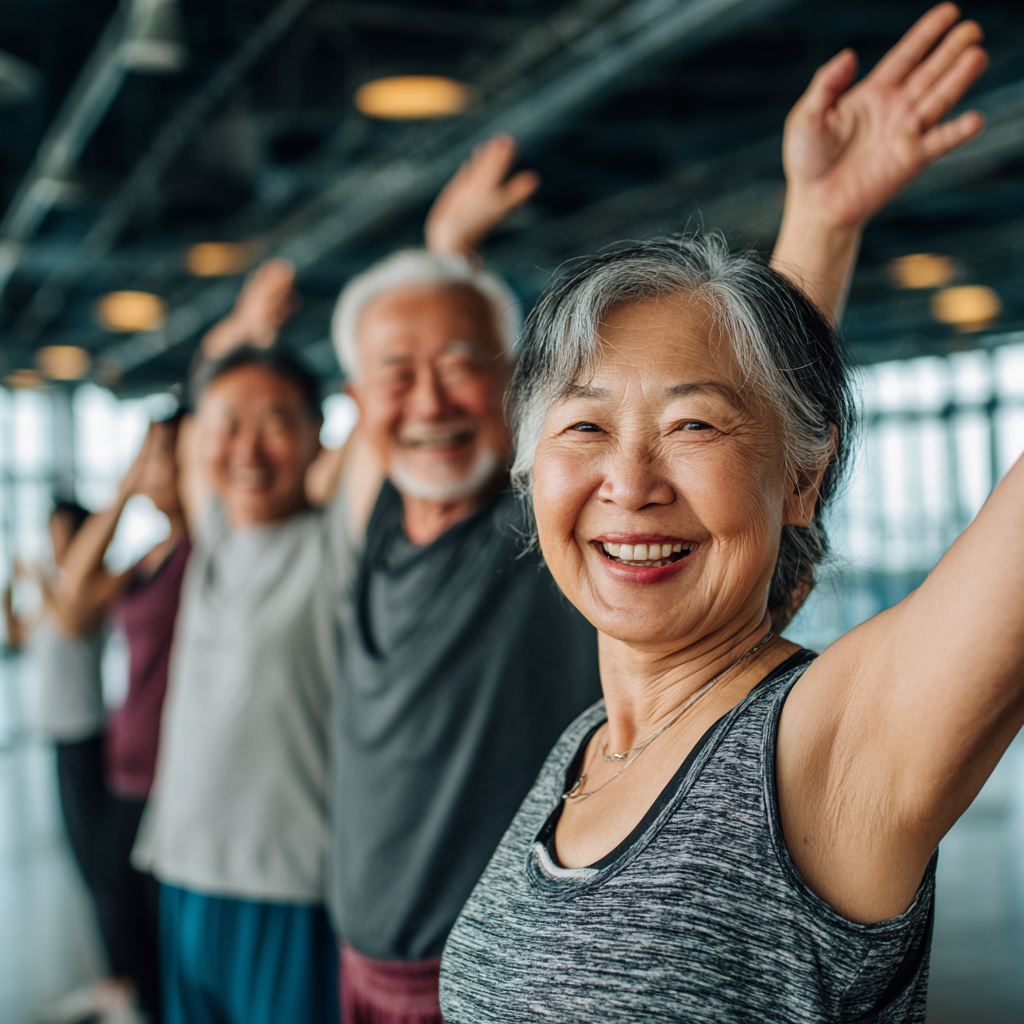 Group of motivated Kazakh adults of different ages exercising together in an outdoor fitness setting, displaying determination and positive energy