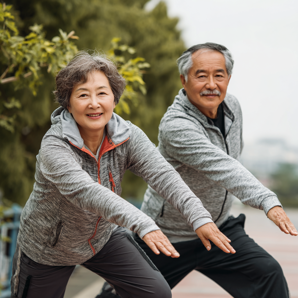 Peaceful scene of Kazakh adults practicing recovery techniques like stretching and meditation in a serene environment, showing relaxation and wellness